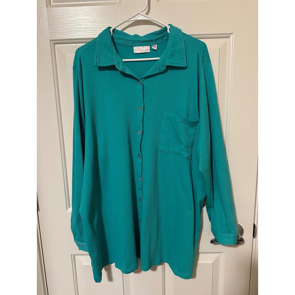 Belle Kim Gravel Shirt Women 2X Teal Button Down Long Sleeve Textured Blouse